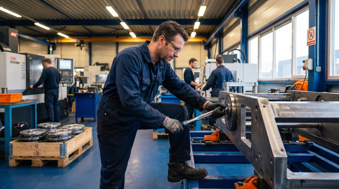 Vakman met veiligheidsbril bedient een CNC-machine op de werkvloer
